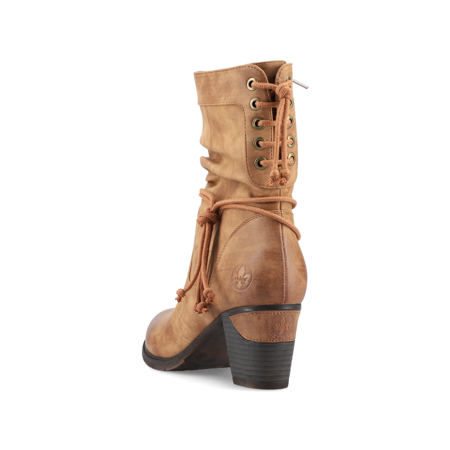 Zimtbraune Rieker Damen Stiefeletten 96073-22 mit einer Profilsohle mit Blockabsatz. Schuh von hinten