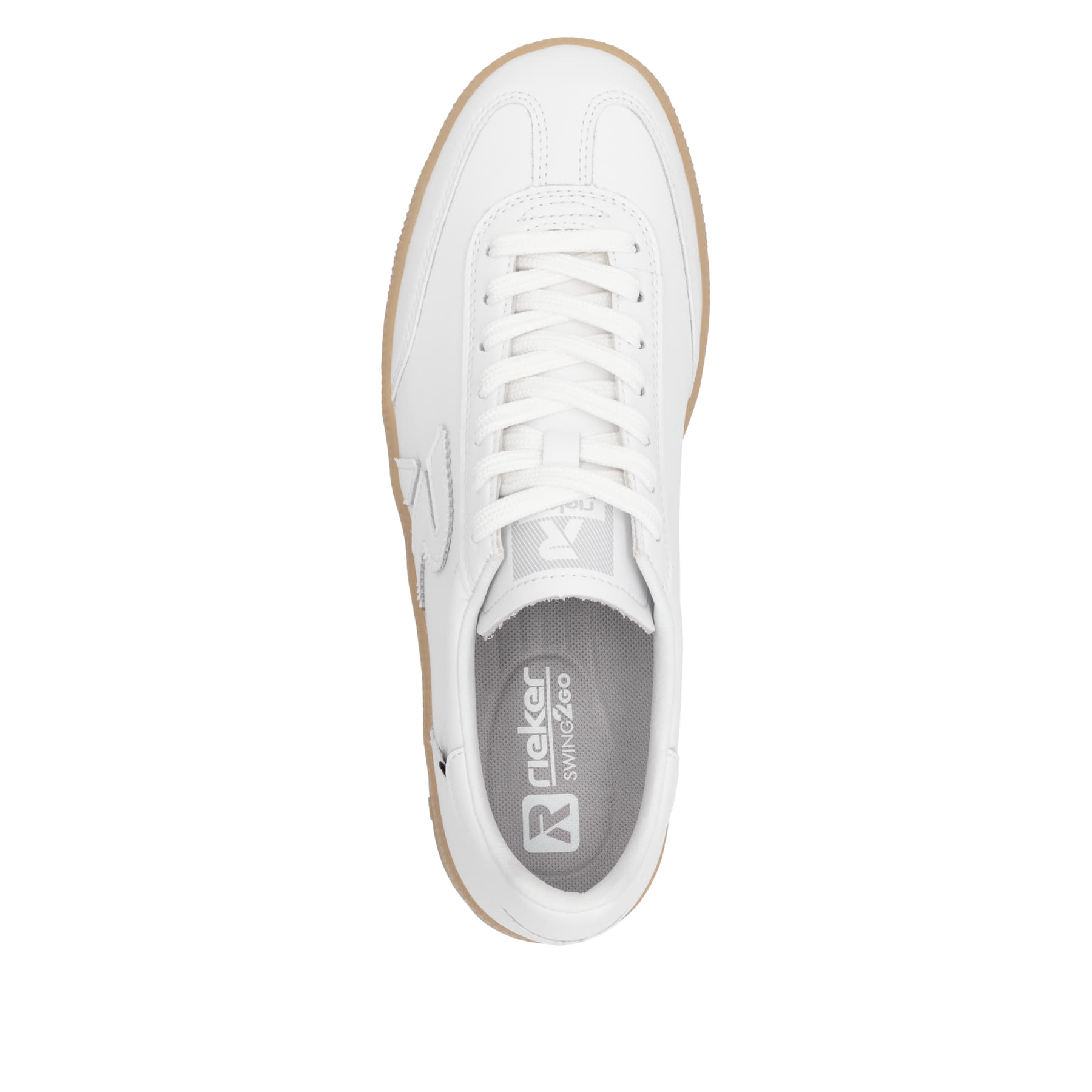 Weiße Rieker Damen Sneaker Low W2200-80 mit Schnürung sowie abriebfester Sohle. Schuh von oben.
