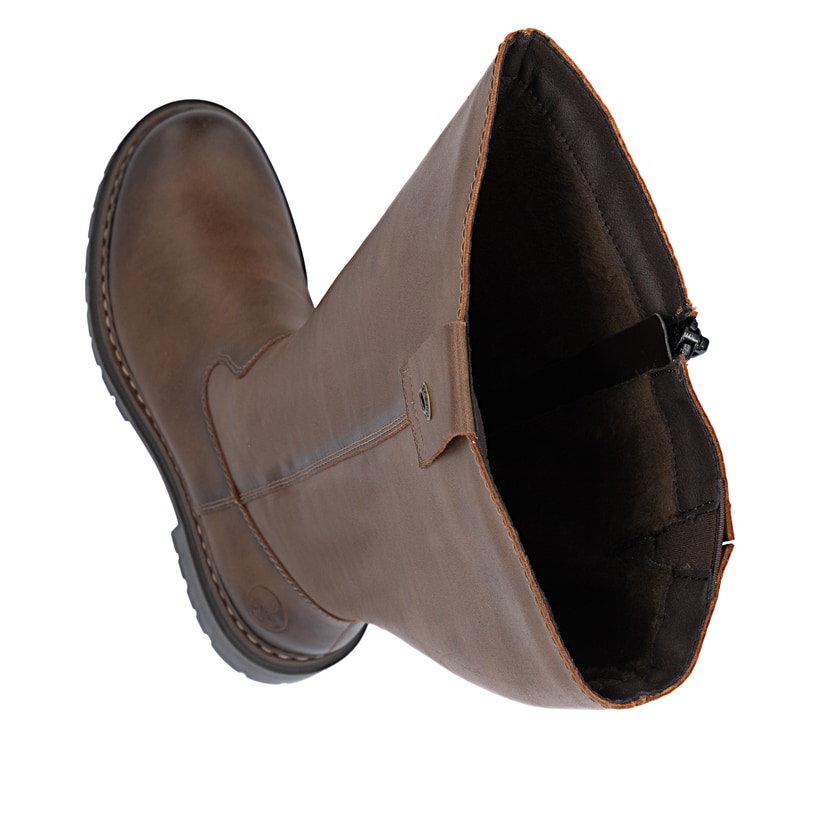 Braune Rieker Damen Hochschaftstiefel 72656-22 mit einem Reißverschluss. Schuh von oben, liegend.