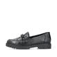 Schwarze Rieker Damen Loafer 45561-01 mit Deko-Kette sowie einem Gummizug. Schuh Außenseite.
