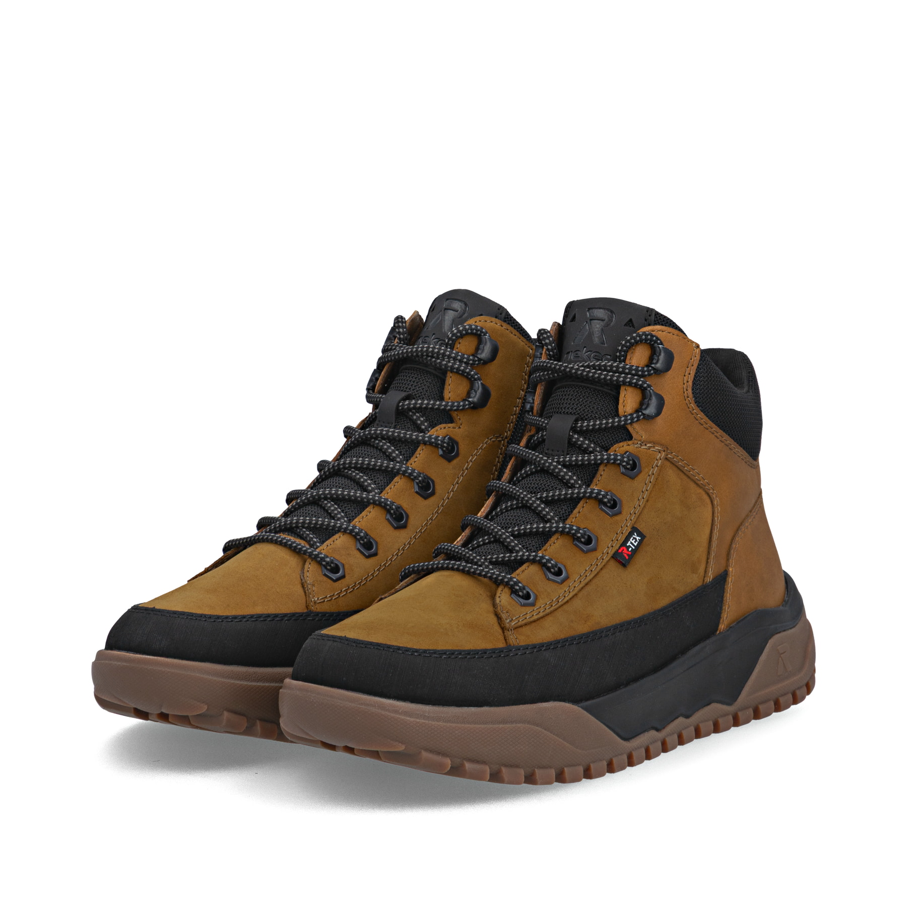 Gelbe Rieker Herren Schnürstiefel U1571-68 mit wasserabweisender TEX-Membran. Schuhpaar seitlich schräg.