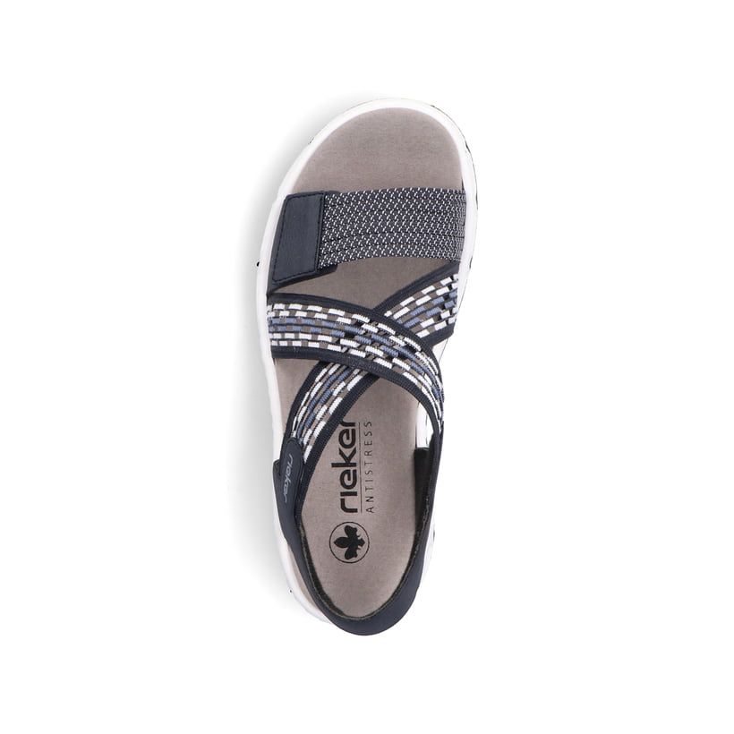 Blaue Rieker Damen Trekkingsandalen V9875-14 mit einem Elastikeinsatz. Schuh von oben.