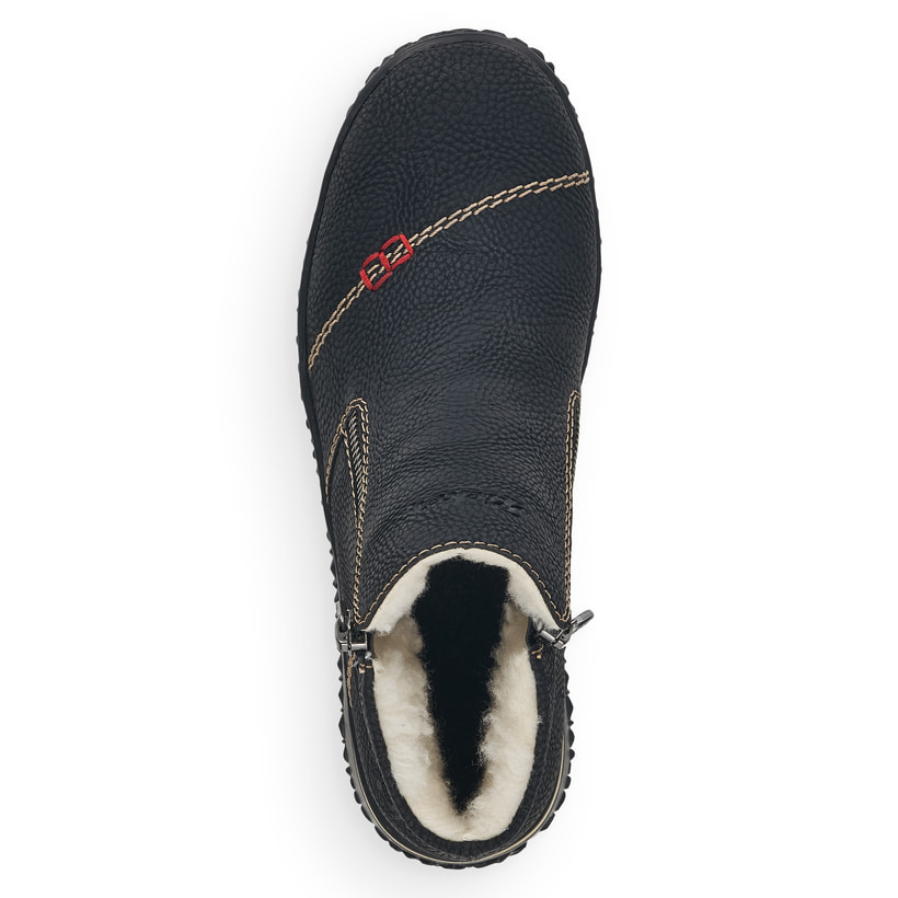 Nachtschwarze Rieker Damen Slipper L4270-00 mit Reißverschluss sowie einer Profilsohle. Schuh Laufsohle