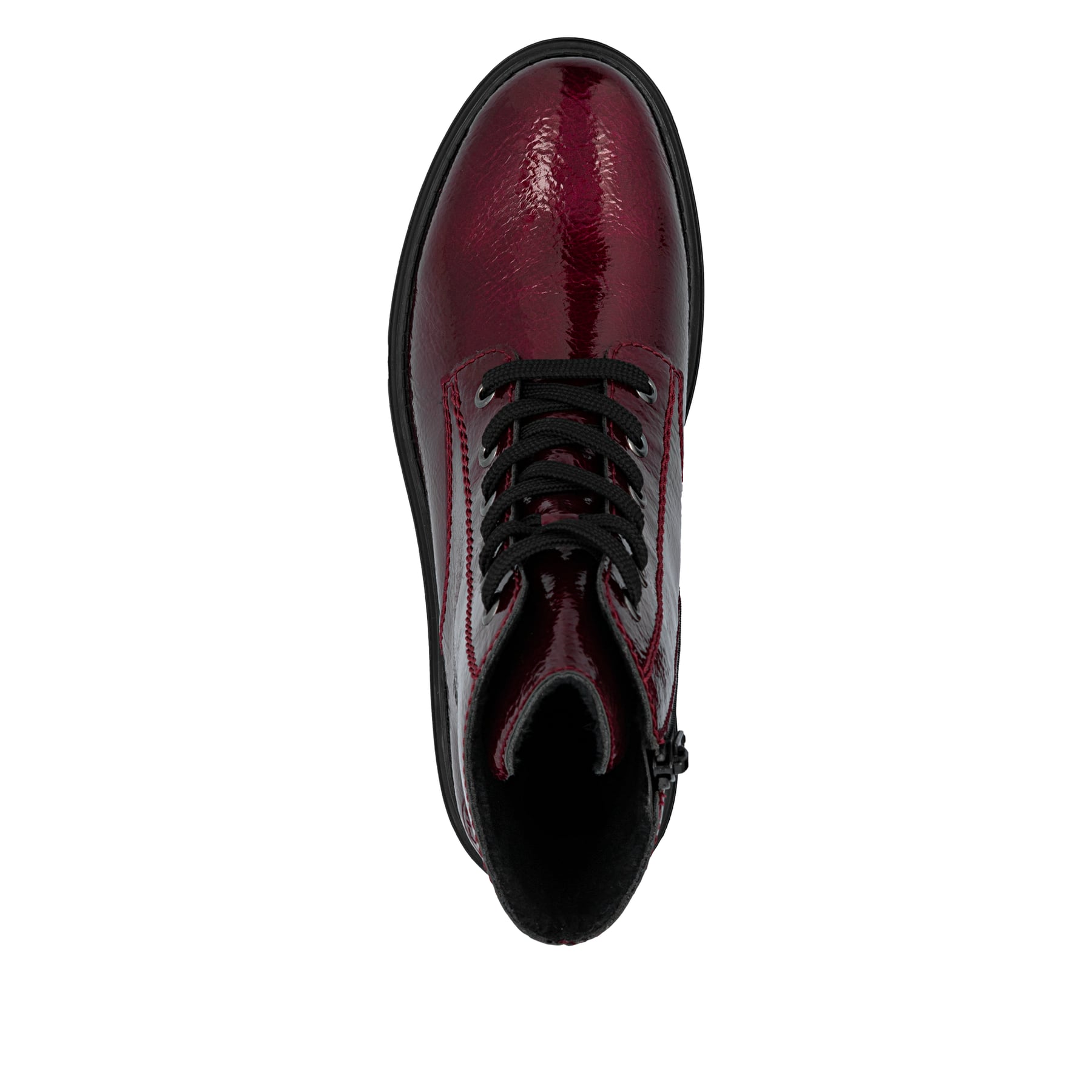 Dunkelrote Rieker Damen Schnürstiefel Z2841-33 mit einem Reißverschluss. Schuh von oben.