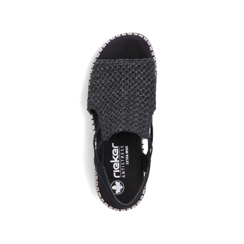 Schwarze Rieker Damen Sandalen 66241-00 mit einem Gummizug sowie Extraweite H. Schuh von oben.