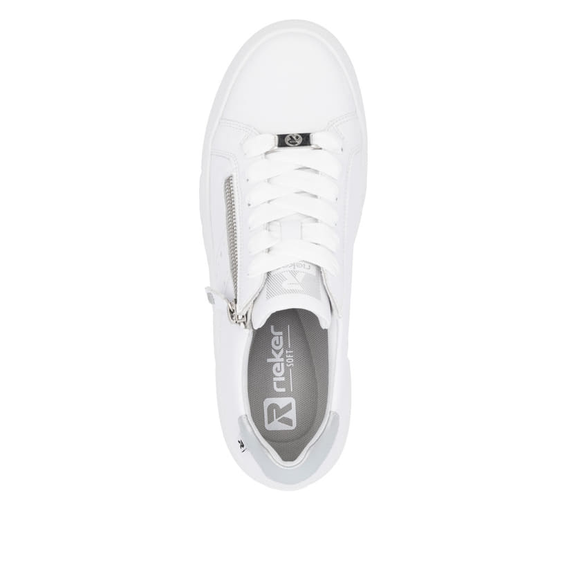 Baskets basses Rieker blanches pour femme W2605-80 avec fermeture éclair. Chaussure vue de dessus.