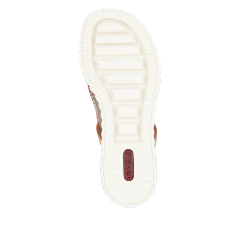 Mehrfarbige Rieker Keilsandaletten 69172-92 mit einem Gummizug. Schuh Laufsohle.