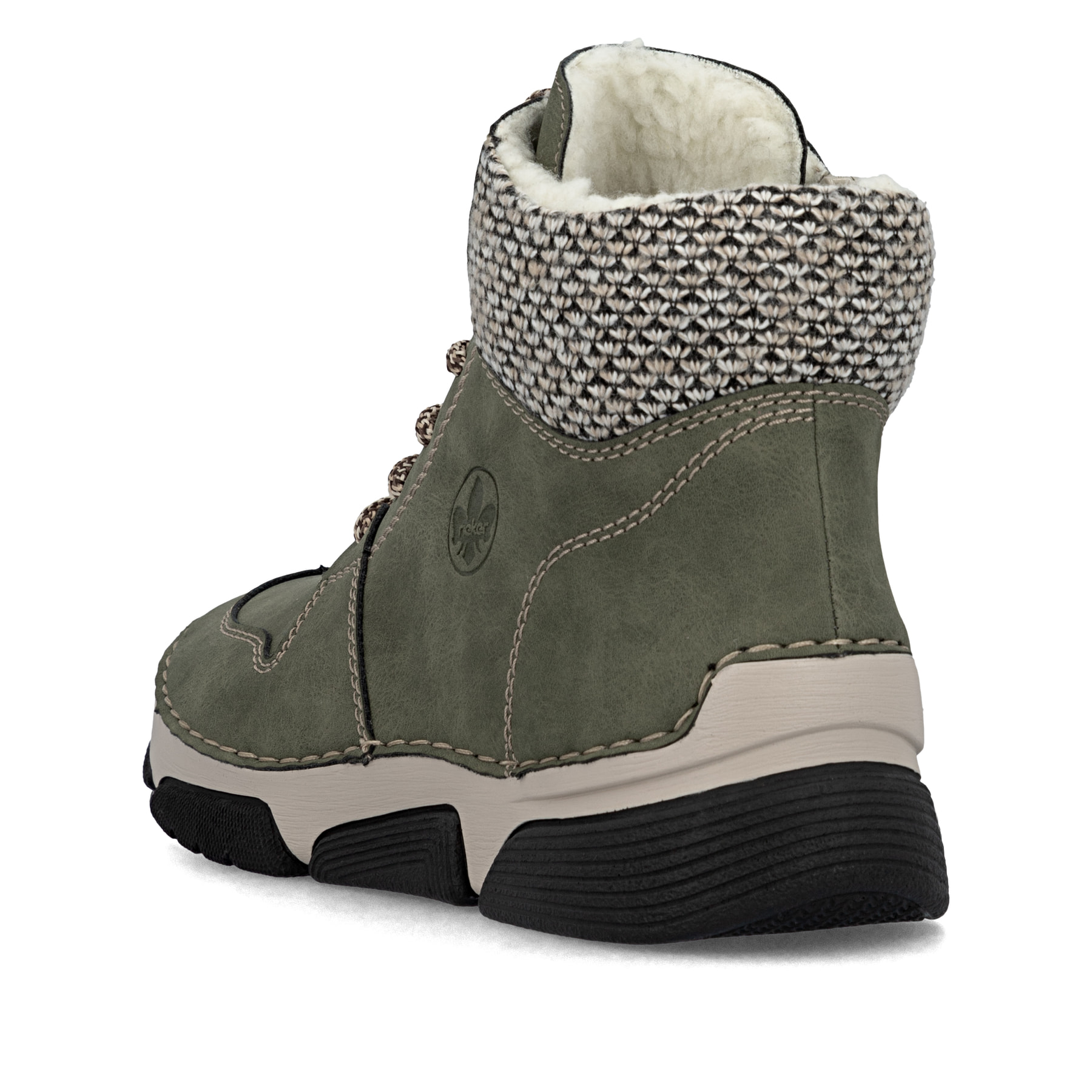 Khaki-schwarze Rieker Damen Schnürstiefel 45955-54 mit Strick-Kragen. Schuh von hinten.