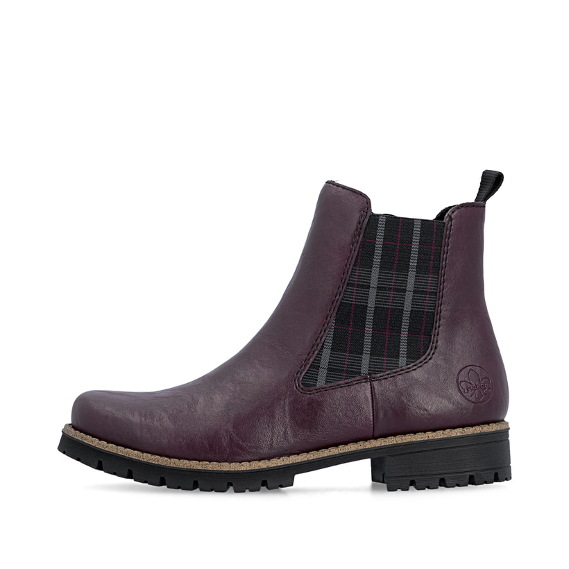Brombeer-schwarze Rieker Damen Chelsea Boots 79592-30 mit einem Reißverschluss. Schuh Außenseite.