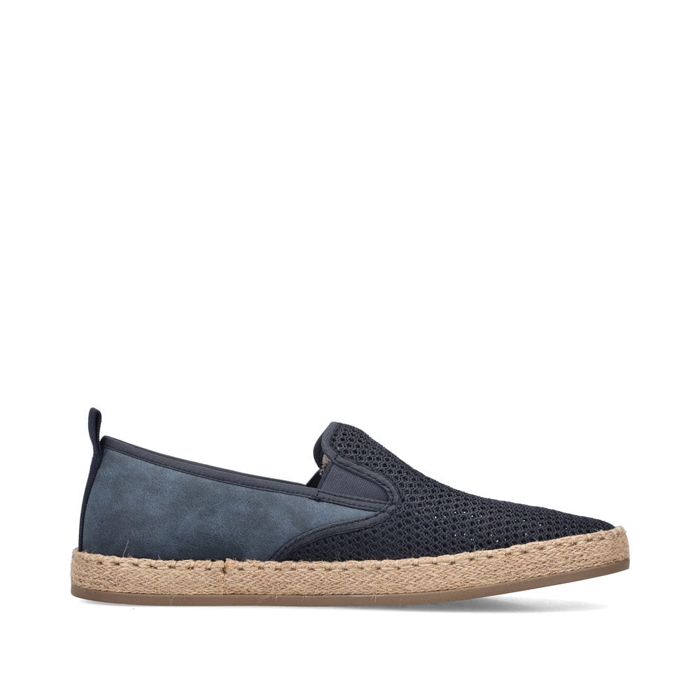 Blaue Rieker Herren Slipper B2661-14 mit einem Gummizug sowie der Komfortweite G. Schuh Innenseite.