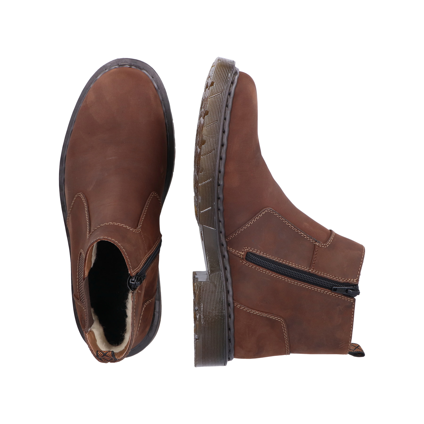 Nougatbraune Rieker Herren Chelsea Boots 31650-23 mit einem Reißverschluss. Schuh von oben, liegend.