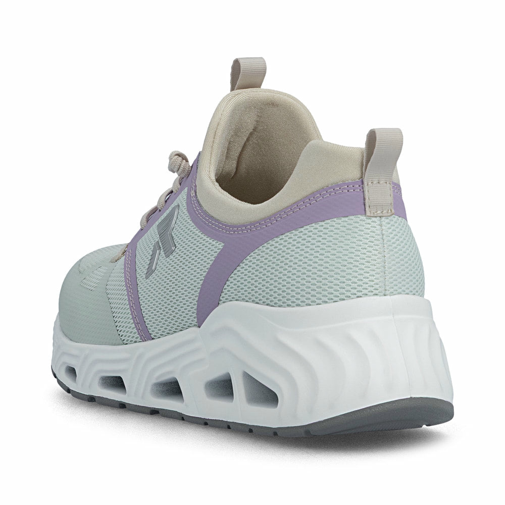 Grüne vegane Rieker Damen Slipper N5258-52 mit Gummizug sowie Komfortweite G. Schuh von hinten.