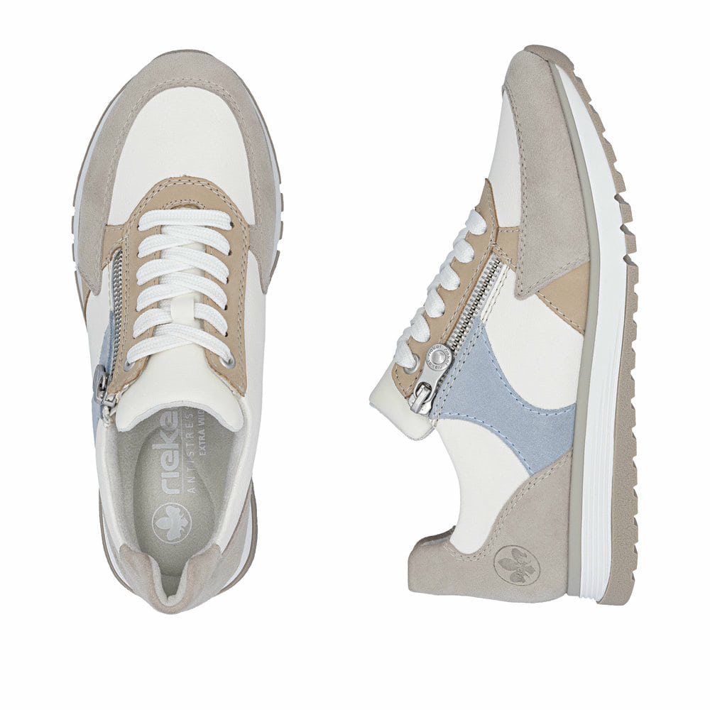 Weiße Rieker Damen Sneaker Low 49010-81 aus Rauleder mit einem Reißverschluss. Schuh von oben, liegend.