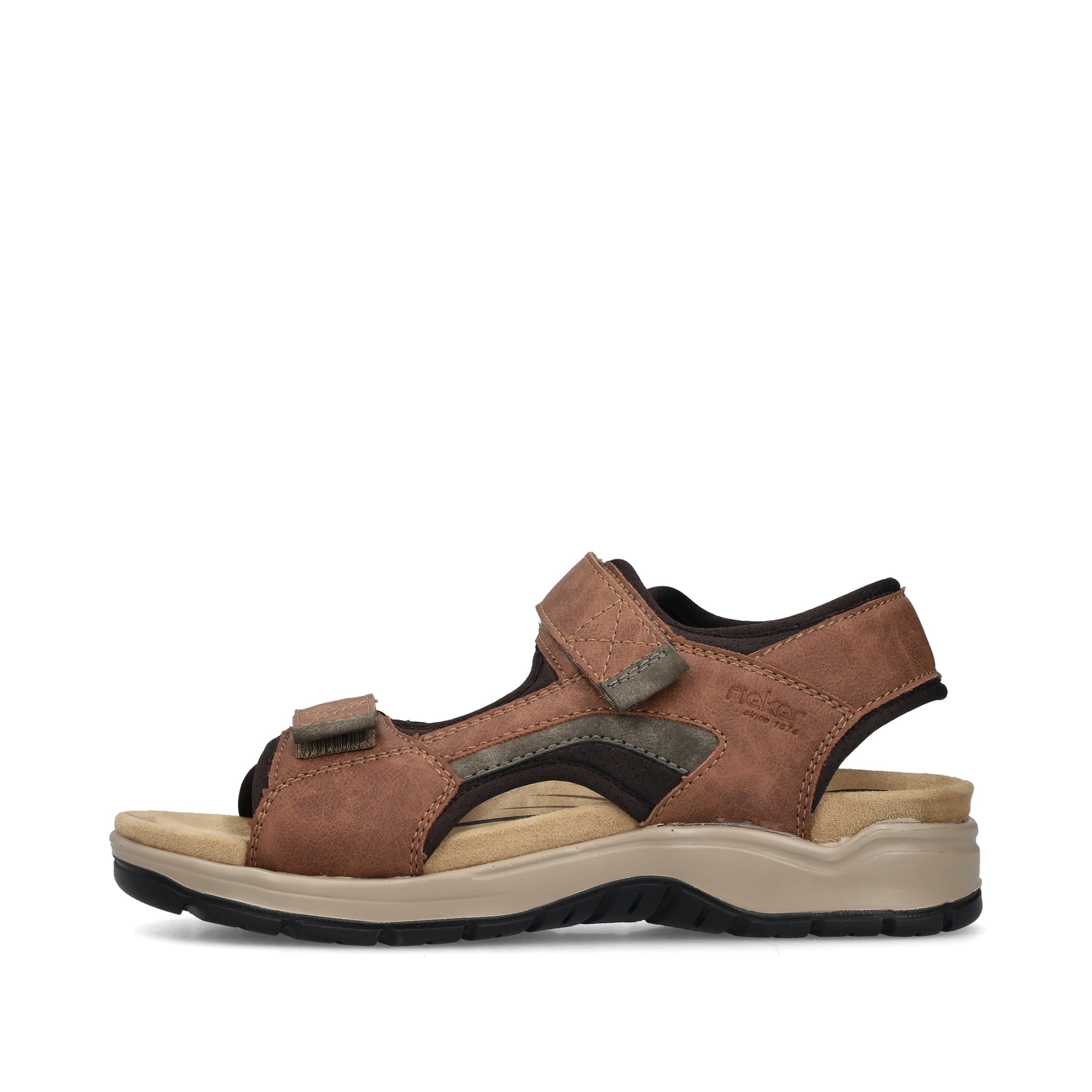 Braune Rieker Herren Trekkingsandalen 26952-24 mit einem Klettverschluss. Schuh Außenseite.