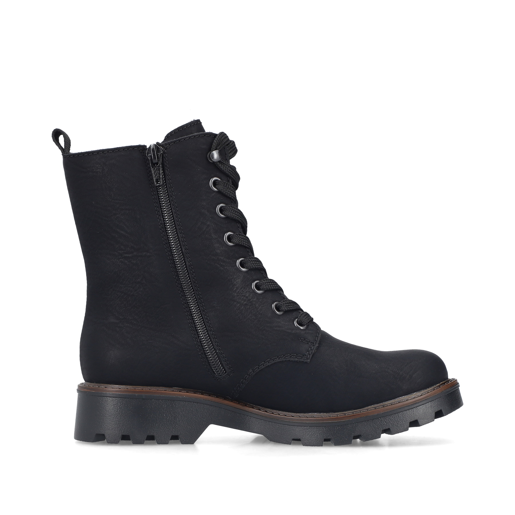 Schwarze Rieker Damen Biker Boots 73210-00 mit einem Reißverschluss. Schuh Innenseite.