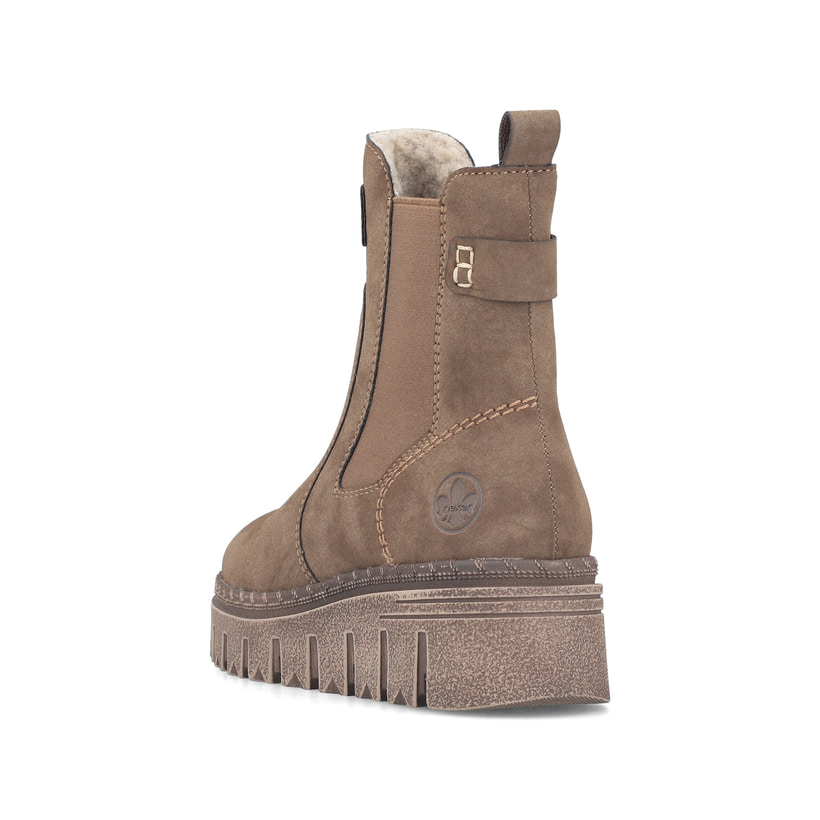 Taupefarbene Rieker Damen Chelsea Boots Z8960-25 mit einem Reißverschluss. Schuh von hinten.
