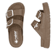 Braune Rieker Damen Pantoletten P2180-24 mit Schnallen sowie ultraleichter Sohle. Schuh von oben, liegend.