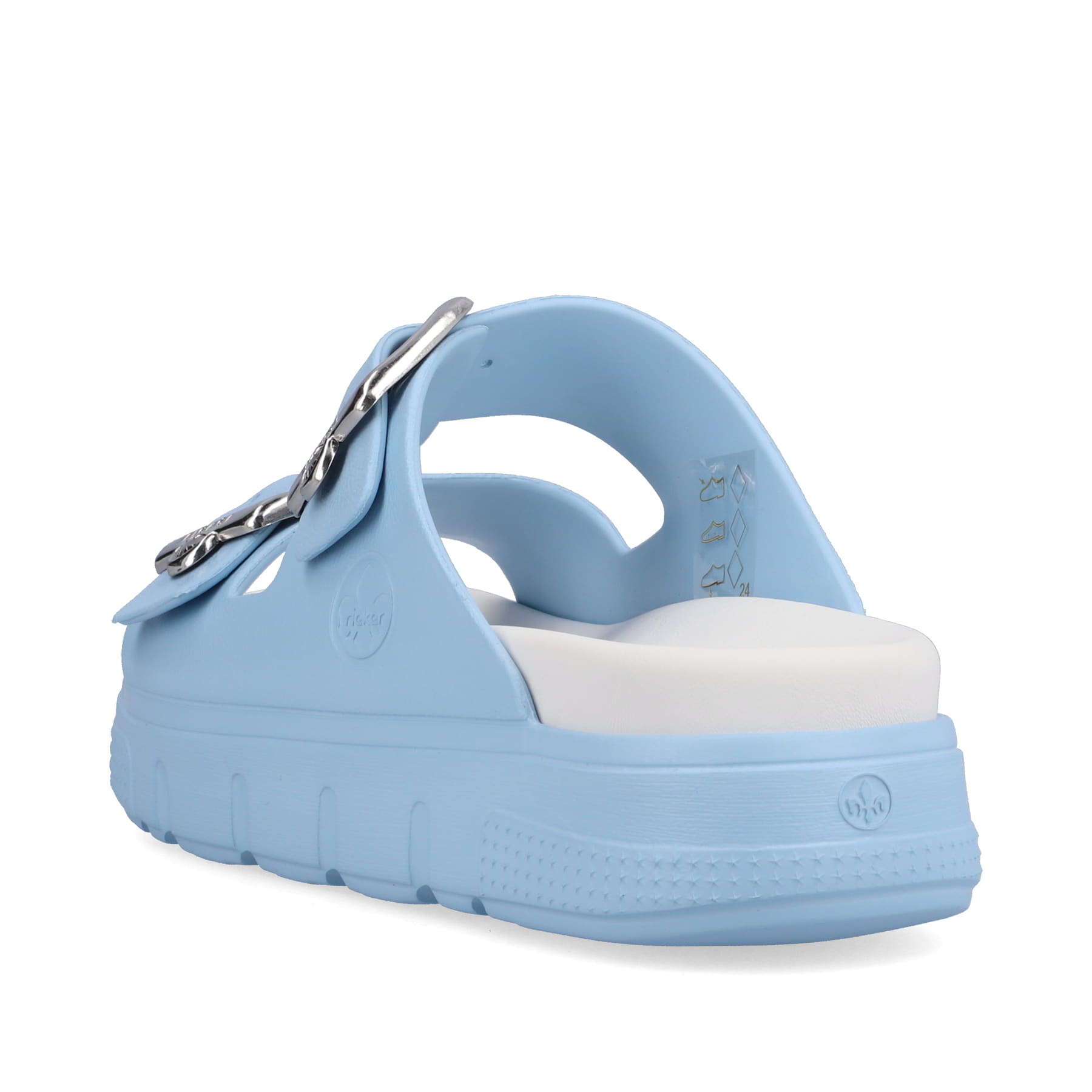 Blaue Rieker Damen Pantoletten P2180-10 mit Schnallen sowie ultraleichter Sohle. Schuh von hinten.