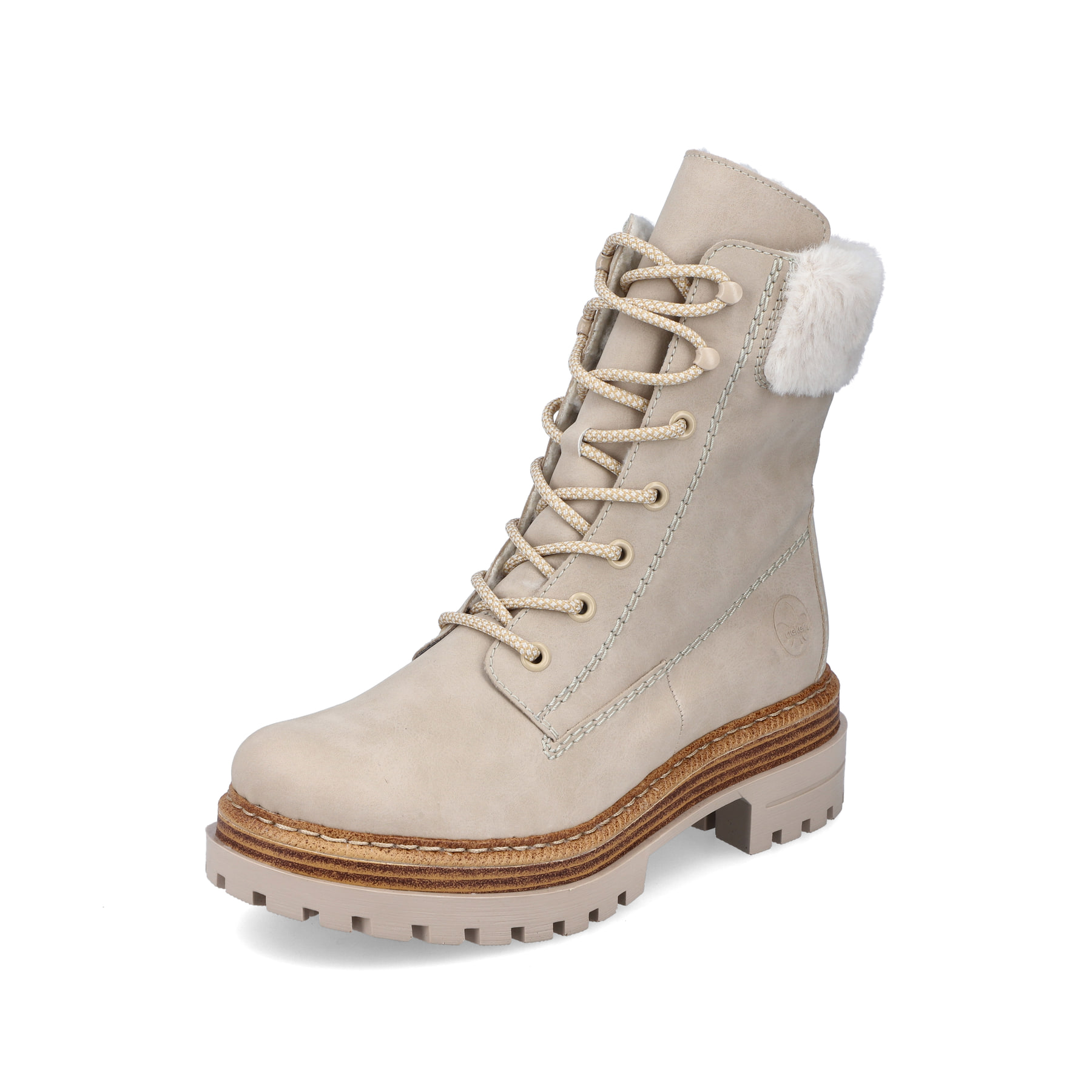 Sandbeige Rieker Damen Schnürstiefel 75630-62 mit einer schockabsorbierenden Sohle. Schuh seitlich schräg