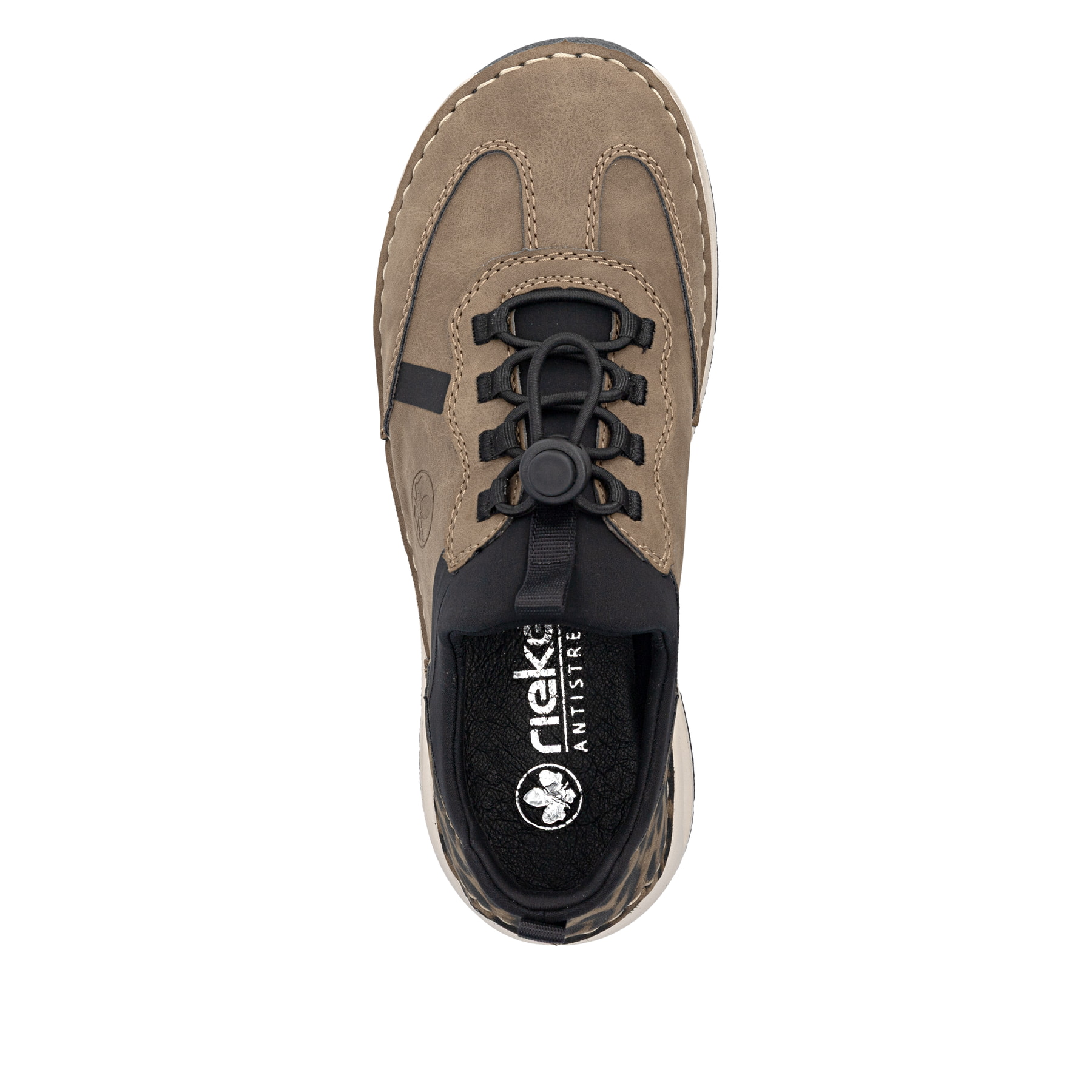 Braun-schwarze Rieker Damen Slipper 44551-24 mit Rieker Air Sohlenfenster. Schuh von oben.