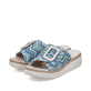 Mehrfarbige Rieker Damen Pantoletten 69253-90 mit trendigen Schnalle. Schuhpaar seitlich schräg.