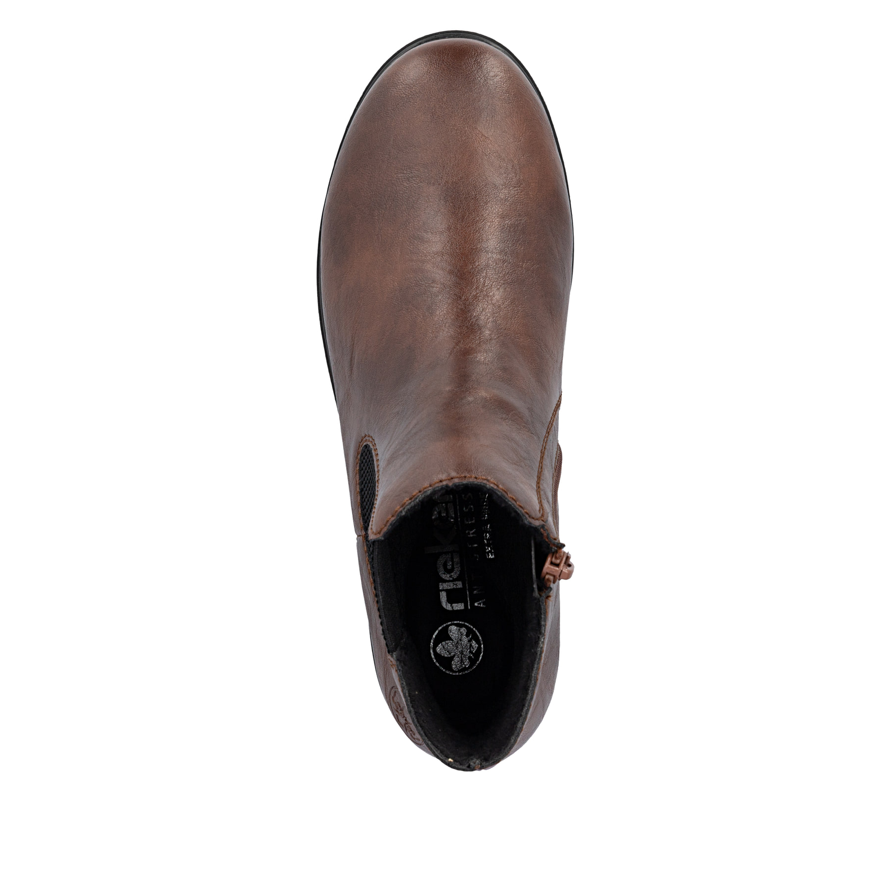 Chelsea Boots Rieker marron pour femmes 43072-22 avec fermeture éclair. Chaussure vue de dessus.