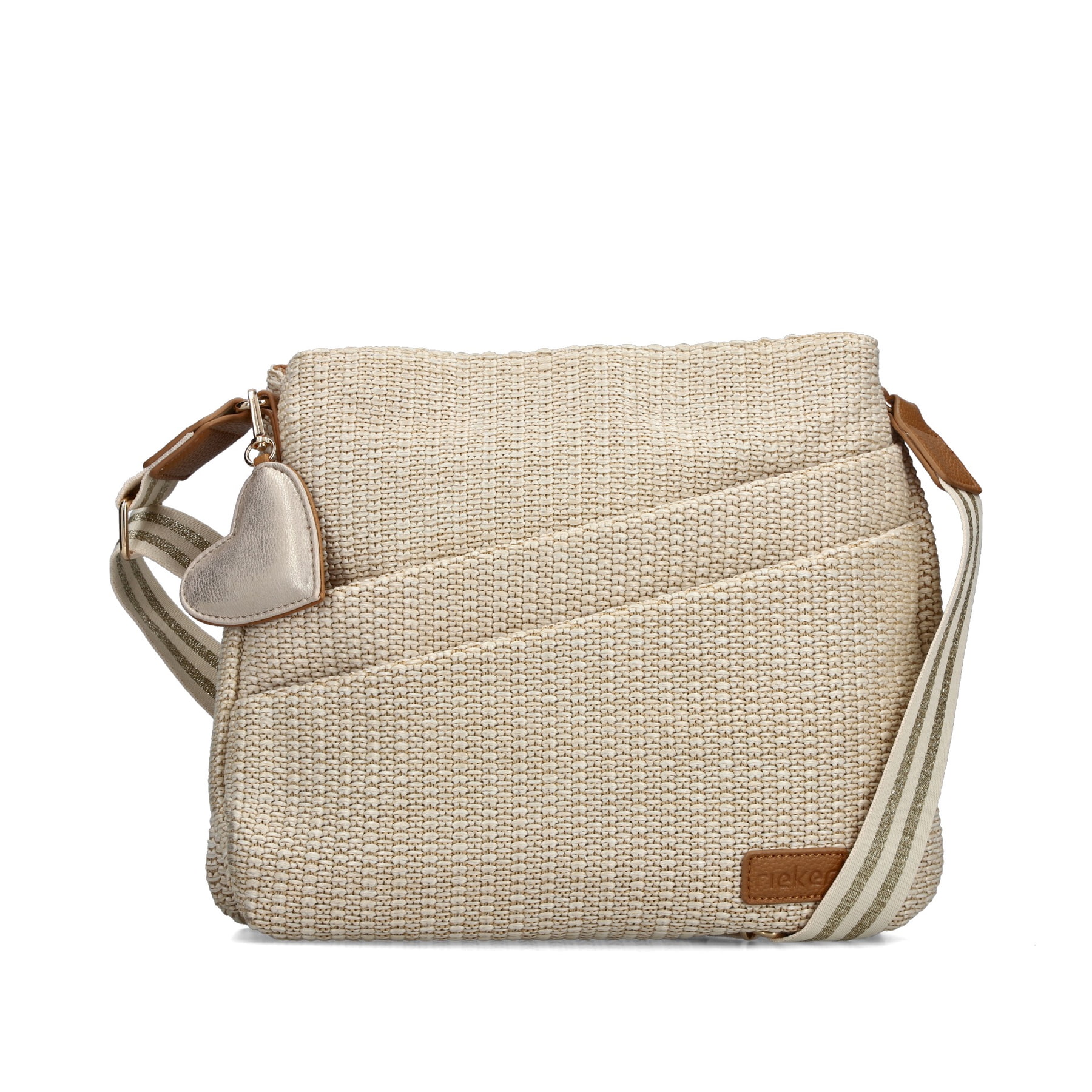 Sac à bandoulière Rieker H1004-62 beige avec fermeture éclair et pendentif en forme de cœur amovible. Devant.