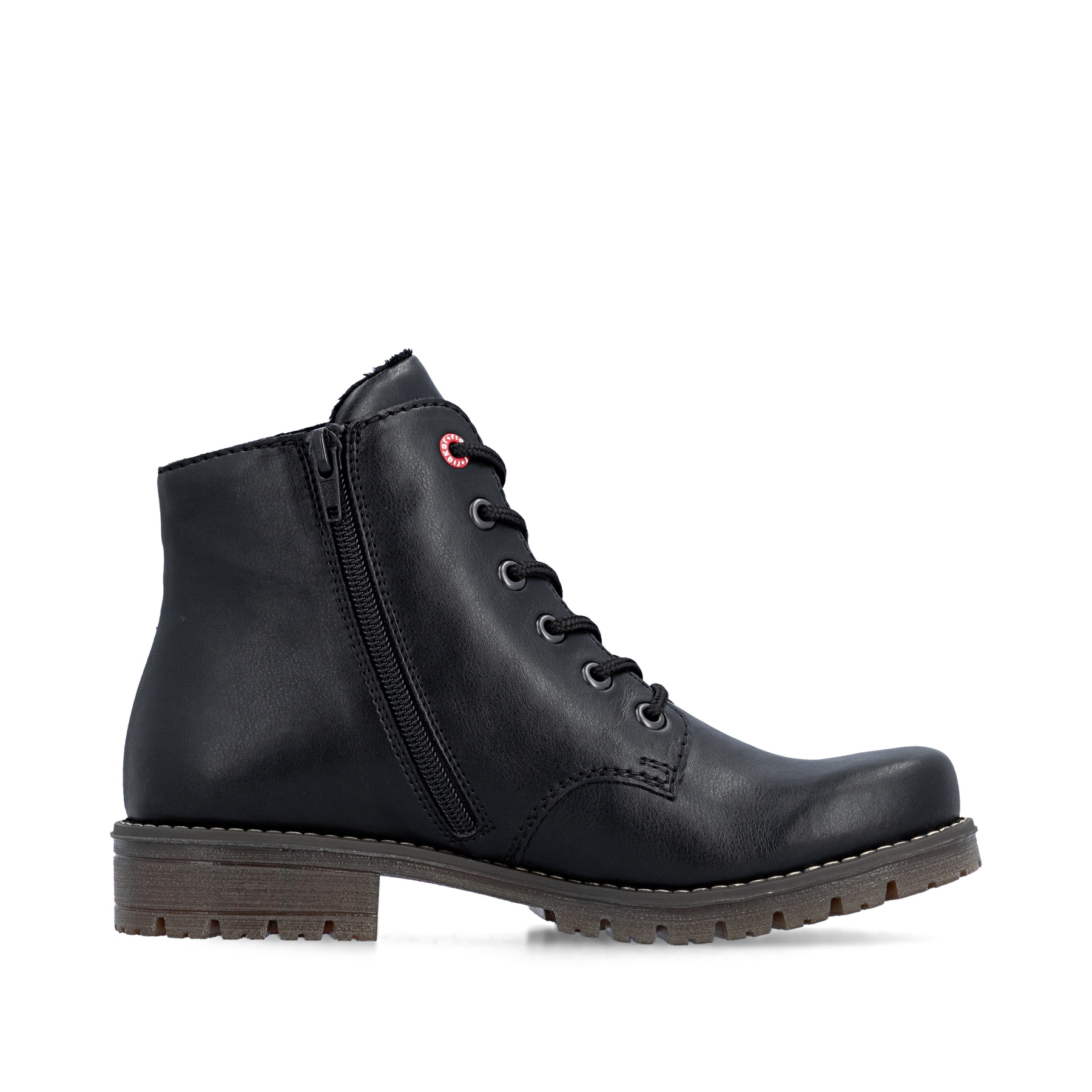 Bottes à lacets Rieker noires pour femmes 79522-00 avec auffälligem Logo. Côté intérieur de la chaussure.