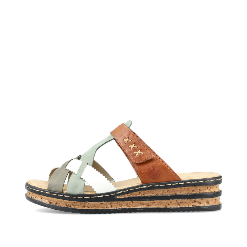 Mehrfarbige Rieker Damen Pantoletten 62989-90 mit handgestickten Nähten. Schuh Außenseite.
