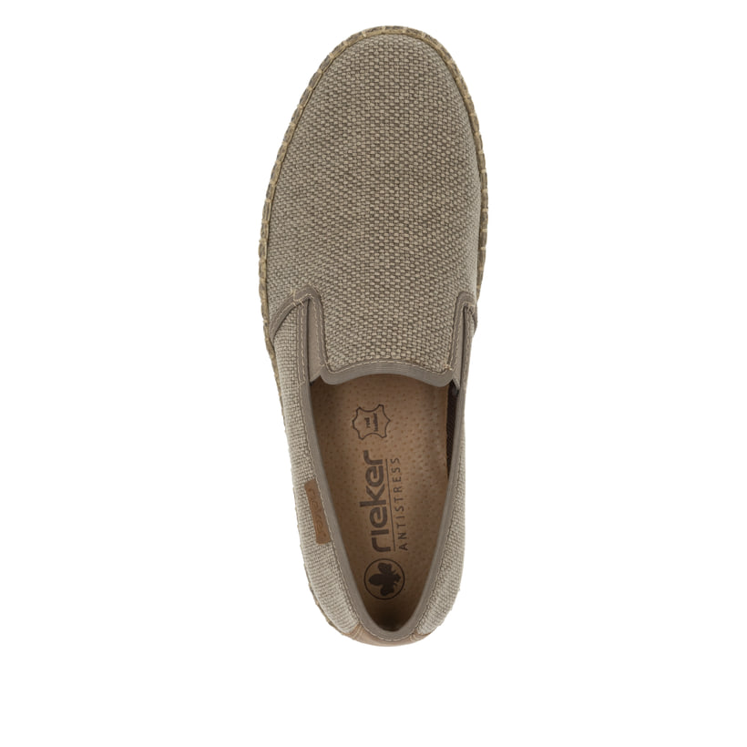 Beige Rieker Herren Slipper B5265-64 mit einem Gummizug sowie Komfortweite G 1/2. Schuh von oben.