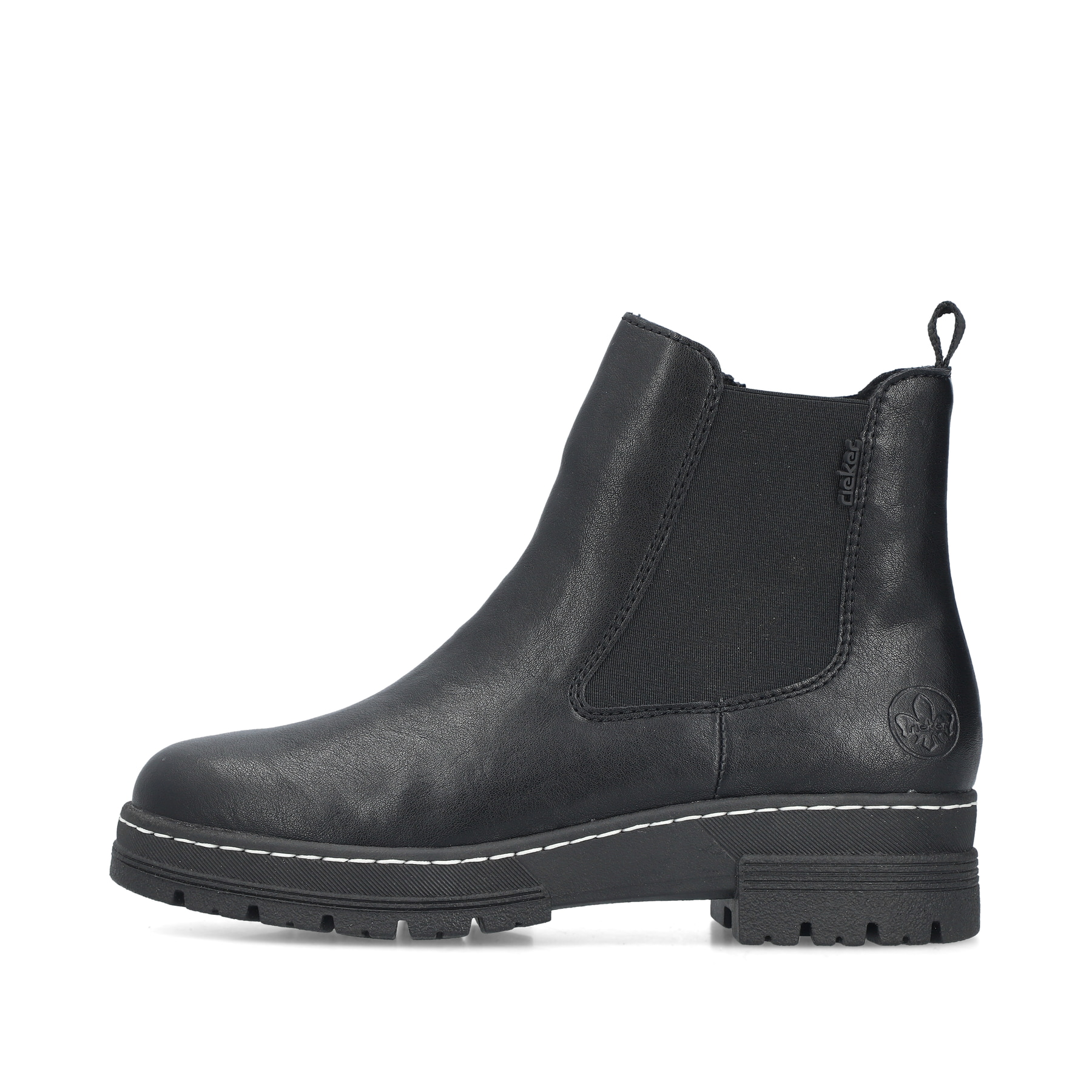 Schwarze Rieker Damen Chelsea Boots 73892-00 mit einem Reißverschluss. Schuh Außenseite.
