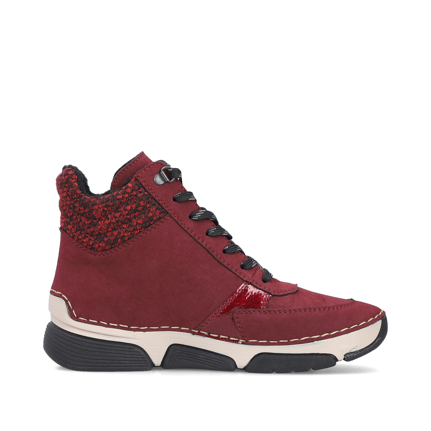 Dunkelrote Rieker Damen Schnürstiefel 45960-35 mit einem Reißverschluss. Schuh Innenseite.