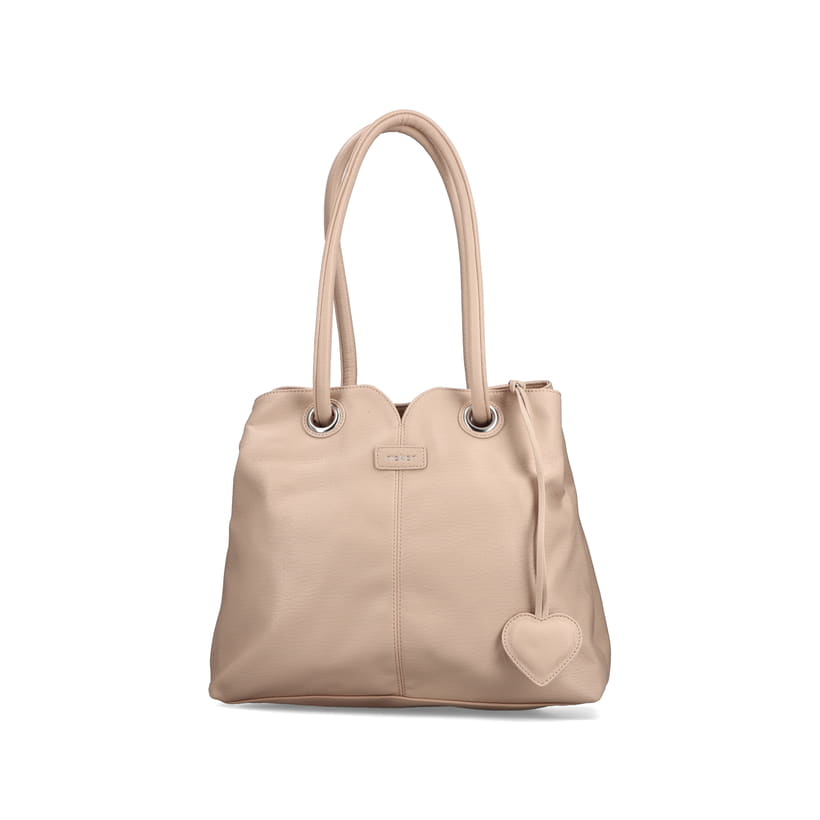 Sac à main Rieker H1021-31 rose avec détails argentés, pendentif en forme de cœur et fermeture éclair. Devant.