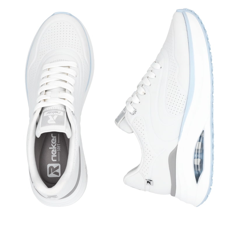 Weiße vegane Rieker Damen Sneaker Low W2700-80 mit einer Schnürung. Schuh von oben, liegend.