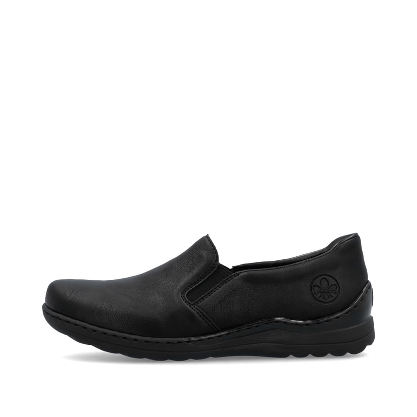 Schwarze Rieker Damen Slipper 48964-00 mit einem Gummizug sowie der Extraweite H. Schuh Außenseite.