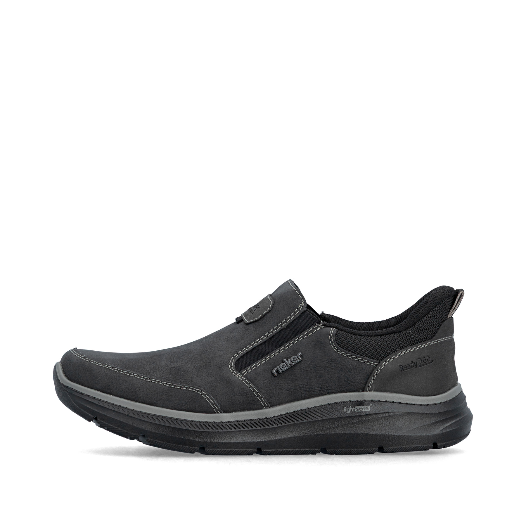Schwarze Rieker Herren Slipper B1851-00 mit Ready2GO Schnell-Anziehfunktion. Schuh Außenseite.