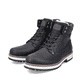 
Tiefschwarze Rieker Herren Schnürstiefel F8301-00 mit Flip-Grip Sohle mit Spikes. Schuhpaar schräg.