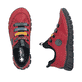 Rot-schwarze Rieker Damen Slipper 57550-33 mit einem Gummizug. Schuh von oben, liegend.