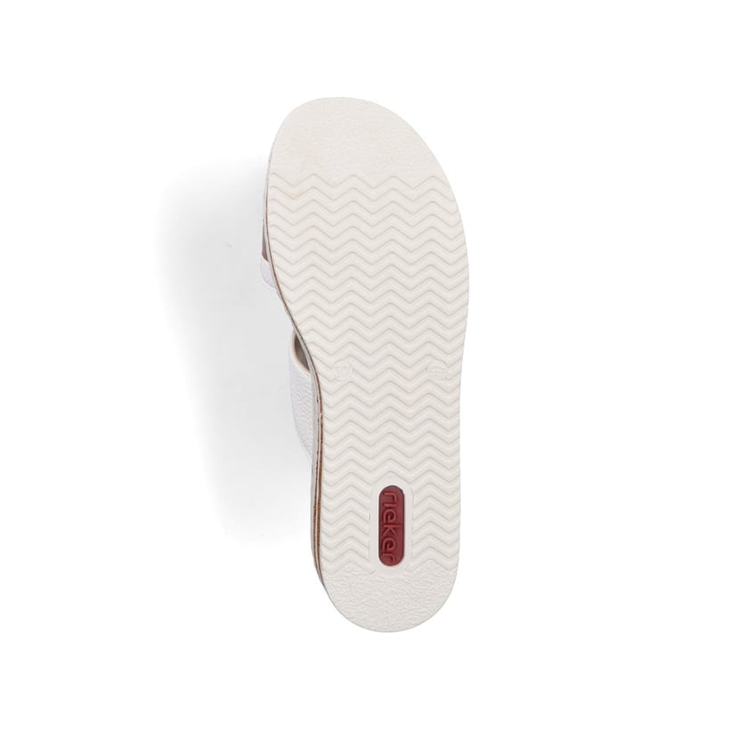 Weiße Rieker Damen Pantoletten 62993-80 mit modischen Flechtelementen. Schuh Laufsohle.