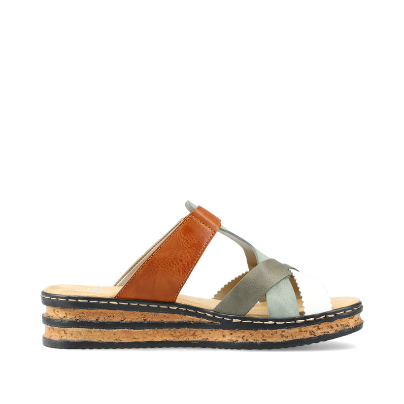 Mehrfarbige Rieker Damen Pantoletten 62989-90 mit handgestickten Nähten. Schuh Innenseite.