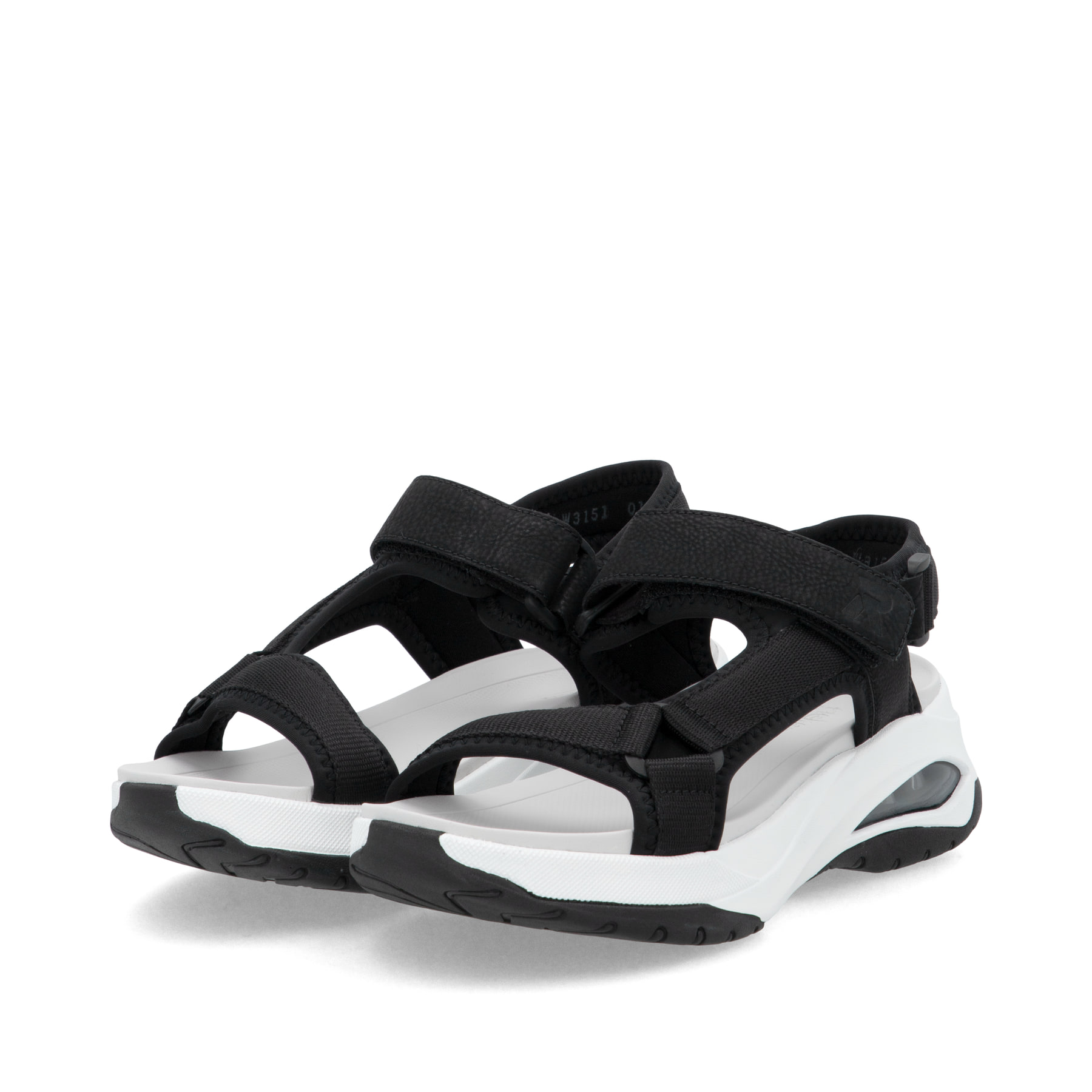 Schwarze vegane Rieker Damen Trekkingsandalen W3151-01 mit einem Klettverschluss. Schuhpaar seitlich schräg.