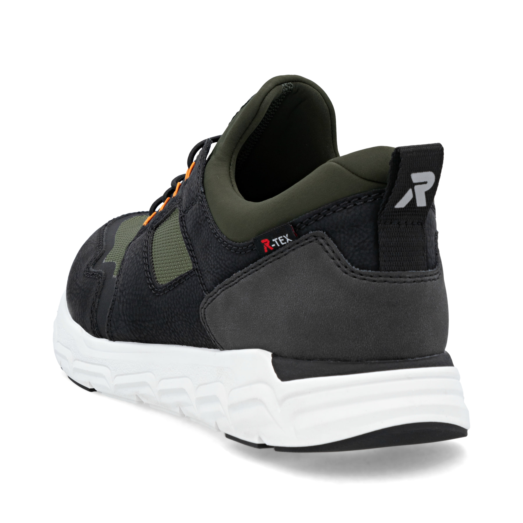 Grüne Rieker Herren Sneaker Low 09102-55 mit wasserabweisender RiekerTEX-Membran. Schuh von hinten.