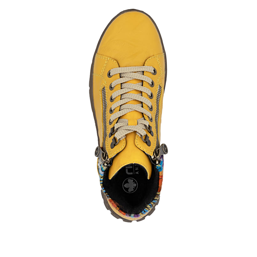 Gelbe Rieker Damen Schnürstiefel N1305-68 aus Glattleder. Schuh von oben.