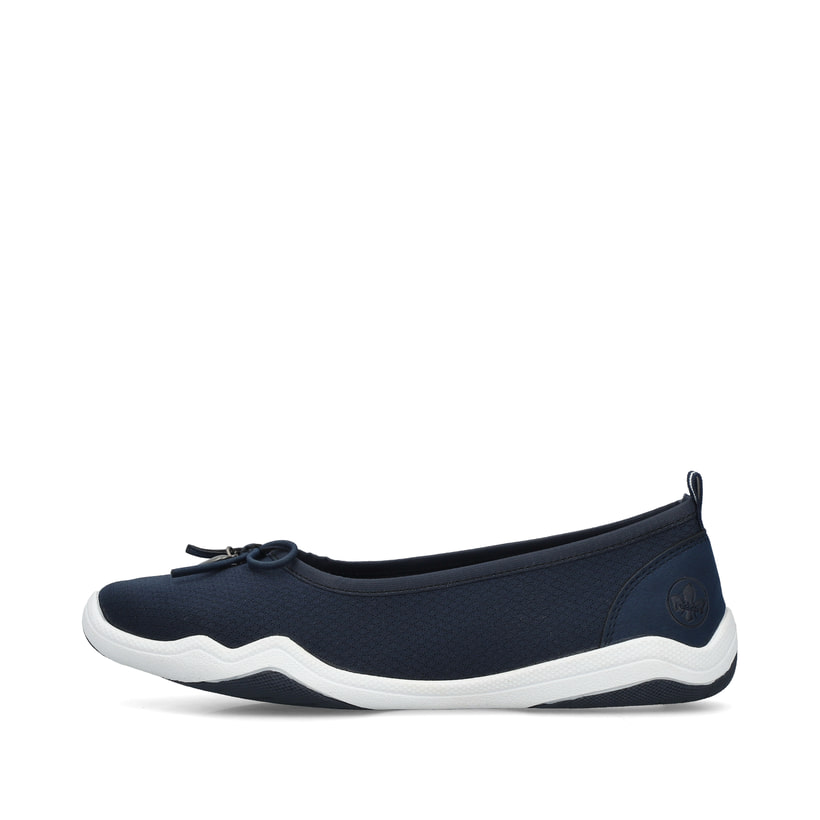 Blaue vegane Rieker Ballerinas 45250-14, Barfußschuhe mit dekorativer Schleife. Schuh Außenseite.