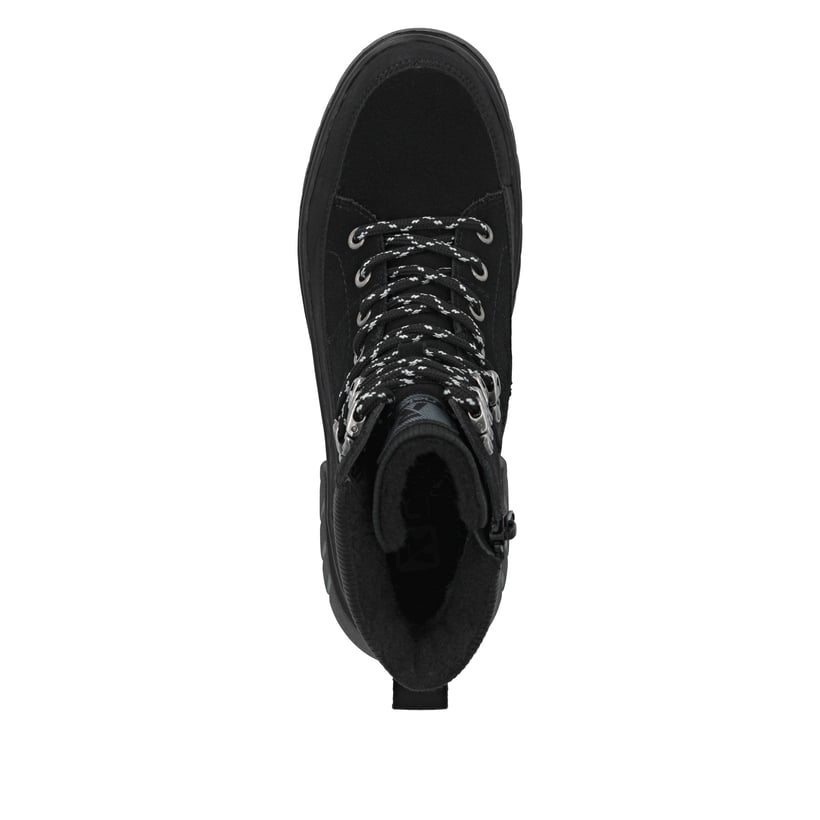 Schwarze Rieker Damen Schnürstiefel W1871-00 mit wasserabweisender TEX-Membran. Schuh von oben.