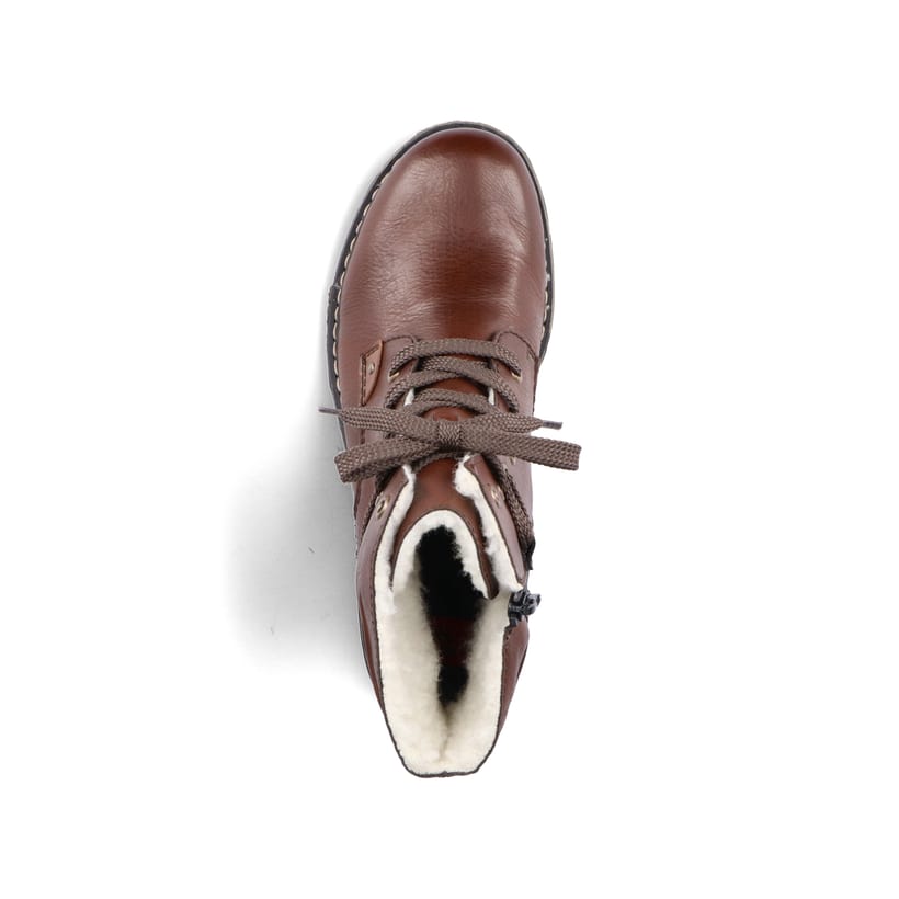 Dunkelbraune Rieker Damen Schnürstiefel 71229-22 mit einem Reißverschluss. Schuh von oben.