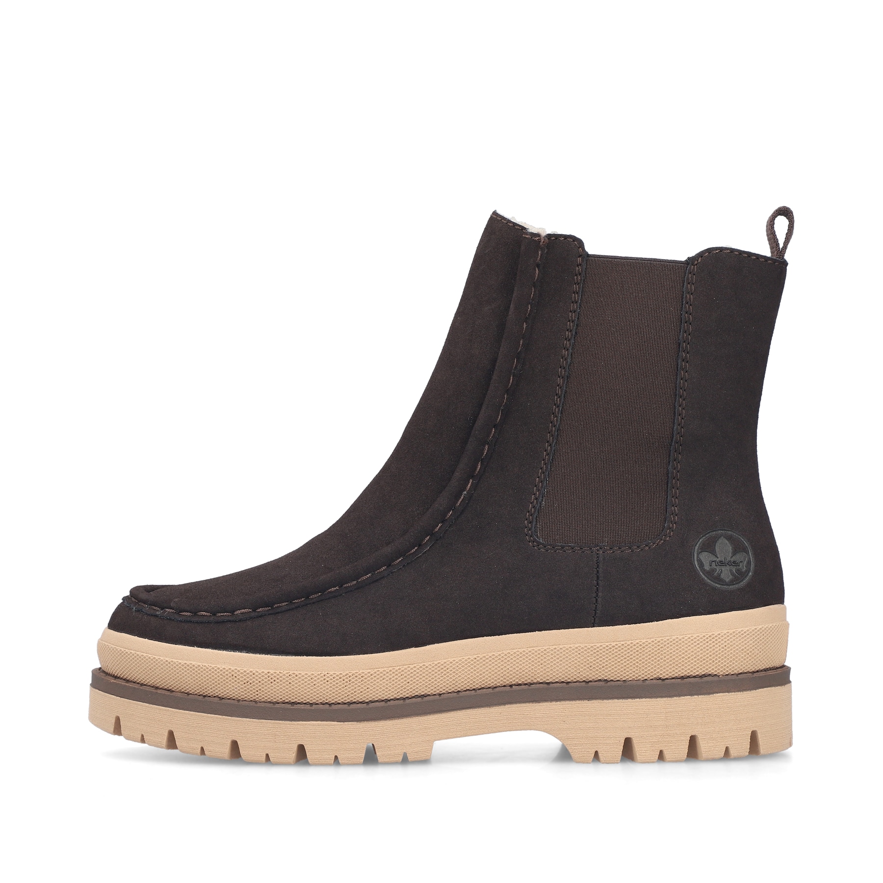Dunkelbraun-beige Rieker Damen Chelsea Boots Y6272-25 mit einem Reißverschluss. Schuh Außenseite.