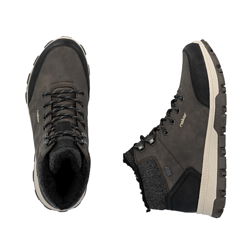 Braune Rieker Herren Schnürstiefel 35534-25 mit wasserabweisender TEX-Membran. Schuh von oben, liegend.
