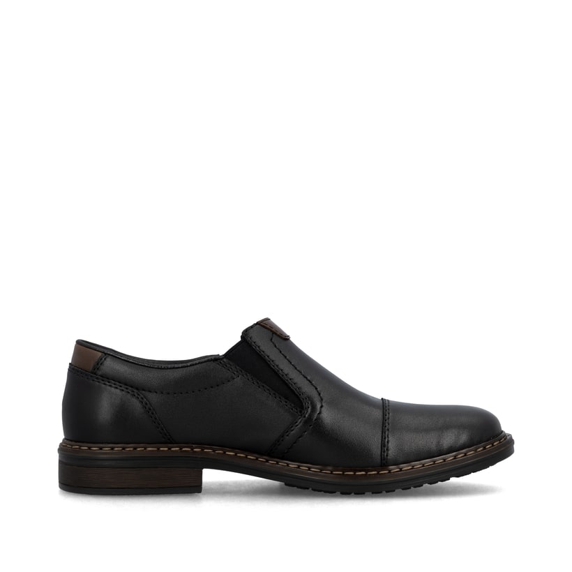Mocassins Rieker noirs hommes 17659-00 en cuir lisse avec bande élastique. Côté intérieur de la chaussure.