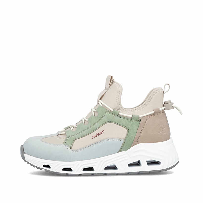 Mehrfarbige vegane Rieker Damen Sneaker Low N5254-90 mit einem Gummizug. Schuh Außenseite.